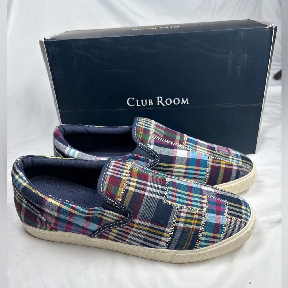 NWT Club Room Mens Navy Plaid Padded Goring Tate Round Toe Platform Slip On